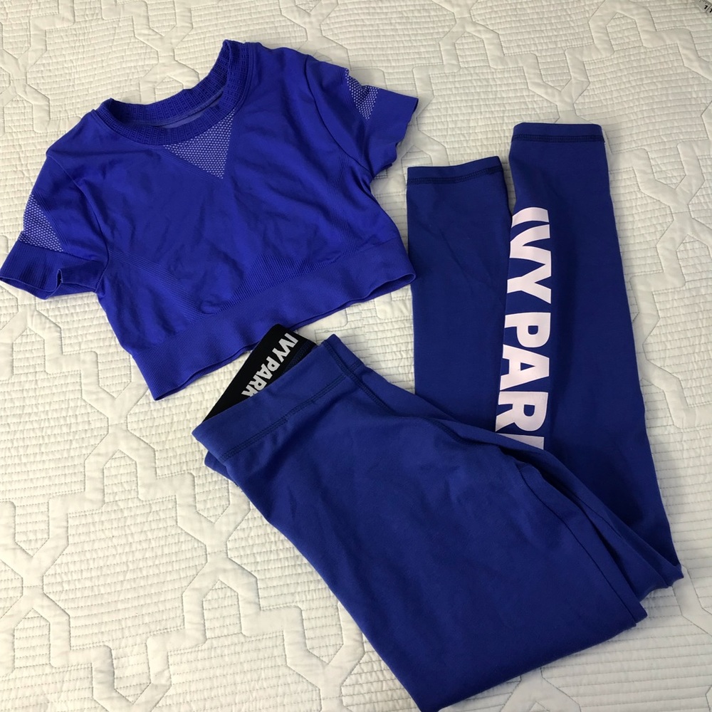 Ivy Park Two Piece Crop Top and High Waist Leggings Blue Logo